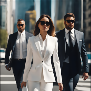a woman with white business clothes with two bodyguards in suits with black glasses escorting her in a sunny day in a big city